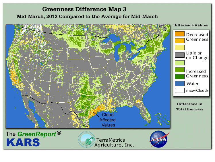 Color-coded U.S. vegetation greeness index map for Period 12 of 2012, illustrating spatial variations in plant vigor, with greener tones indicating higher biomass and browner tones indicating stressed vegetation,
              comparing current crop/vegetation change in biomass to the 20-year greenness average.