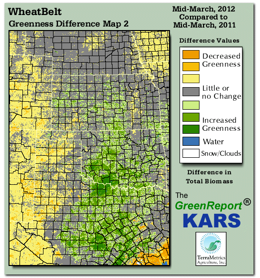Color-coded Wheat Belt vegetation greeness index map for Period 12 of 2012, illustrating spatial variations in plant vigor, with greener tones indicating higher biomass and browner tones indicating stressed vegetation,
              comparing current crop/vegetation change in biomass to same period from the previous year.