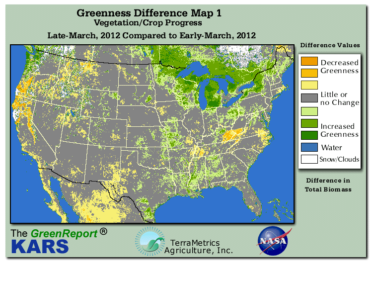 Color-coded U.S. vegetation greeness index map for Period 13 of 2012, illustrating spatial variations in plant vigor, with greener tones indicating higher biomass and browner tones indicating stressed vegetation,
              comparing current crop/vegetation change in biomass to the previous week within the same year.