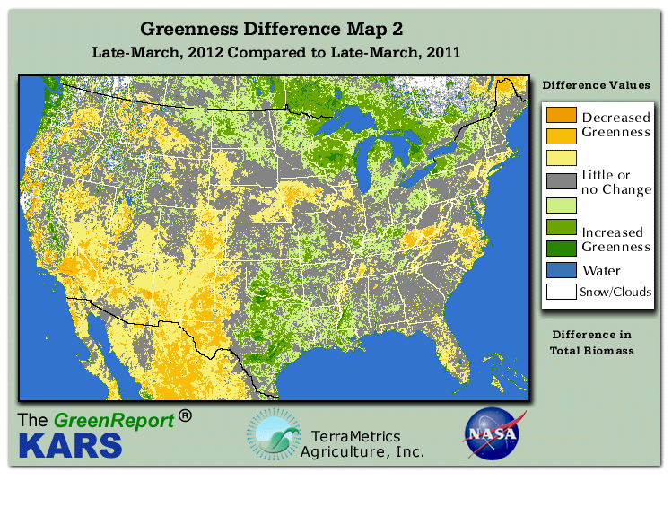 Color-coded U.S. vegetation greeness index map for Period 13 of 2012, illustrating spatial variations in plant vigor, with greener tones indicating higher biomass and browner tones indicating stressed vegetation,
              comparing current crop/vegetation change in biomass to same period from the previous year.
