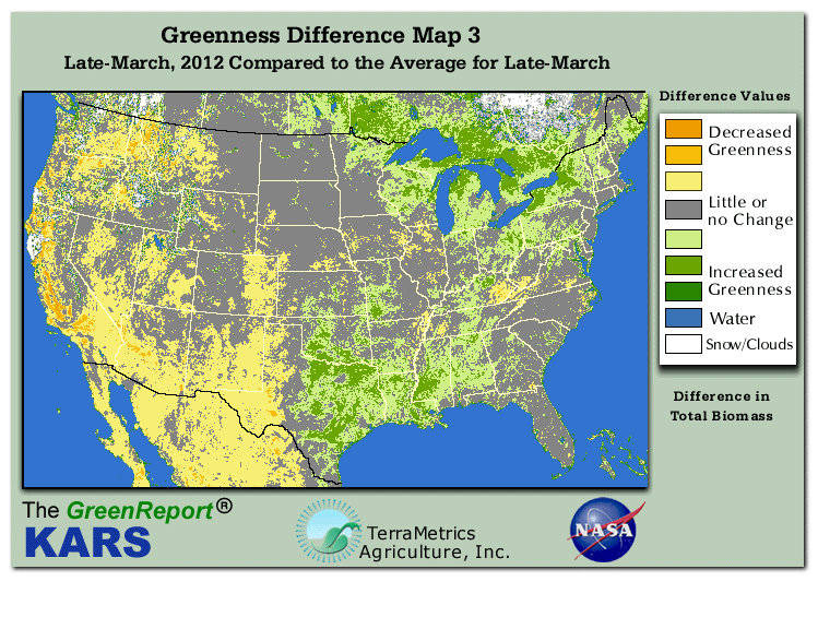 Color-coded U.S. vegetation greeness index map for Period 13 of 2012, illustrating spatial variations in plant vigor, with greener tones indicating higher biomass and browner tones indicating stressed vegetation,
              comparing current crop/vegetation change in biomass to the 20-year greenness average.