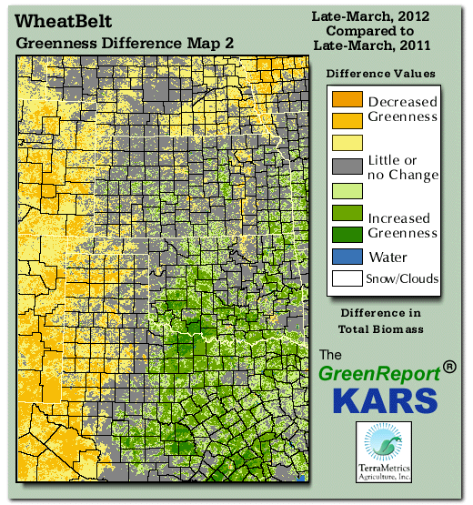 Color-coded Wheat Belt vegetation greeness index map for Period 13 of 2012, illustrating spatial variations in plant vigor, with greener tones indicating higher biomass and browner tones indicating stressed vegetation,
              comparing current crop/vegetation change in biomass to same period from the previous year.