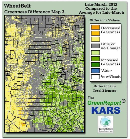 Color-coded Wheat Belt vegetation greeness index map for Period 13 of 2012, illustrating spatial variations in plant vigor, with greener tones indicating higher biomass and browner tones indicating stressed vegetation,
              comparing current crop/vegetation change in biomass to the 20-year greenness average.