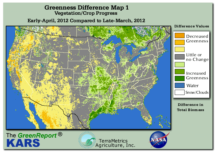 Color-coded U.S. vegetation greeness index map for Period 14 of 2012, illustrating spatial variations in plant vigor, with greener tones indicating higher biomass and browner tones indicating stressed vegetation,
              comparing current crop/vegetation change in biomass to the previous week within the same year.