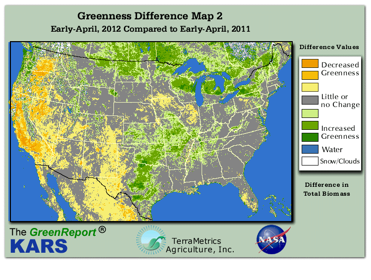 Color-coded U.S. vegetation greeness index map for Period 14 of 2012, illustrating spatial variations in plant vigor, with greener tones indicating higher biomass and browner tones indicating stressed vegetation,
              comparing current crop/vegetation change in biomass to same period from the previous year.