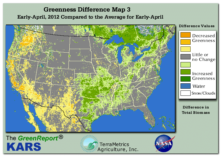 Color-coded U.S. vegetation greeness index map for Period 14 of 2012, illustrating spatial variations in plant vigor, with greener tones indicating higher biomass and browner tones indicating stressed vegetation,
              comparing current crop/vegetation change in biomass to the 20-year greenness average.