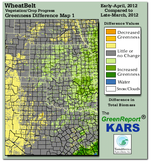 Color-coded Wheat Belt vegetation greeness index map for Period 14 of 2012, illustrating spatial variations in plant vigor, with greener tones indicating higher biomass and browner tones indicating stressed vegetation,
              comparing current crop/vegetation change in biomass to the previous week within the same year.