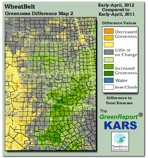 Color-coded Wheat Belt vegetation greeness index map for Period 14 of 2012, illustrating spatial variations in plant vigor, with greener tones indicating higher biomass and browner tones indicating stressed vegetation,
              comparing current crop/vegetation change in biomass to same period from the previous year.