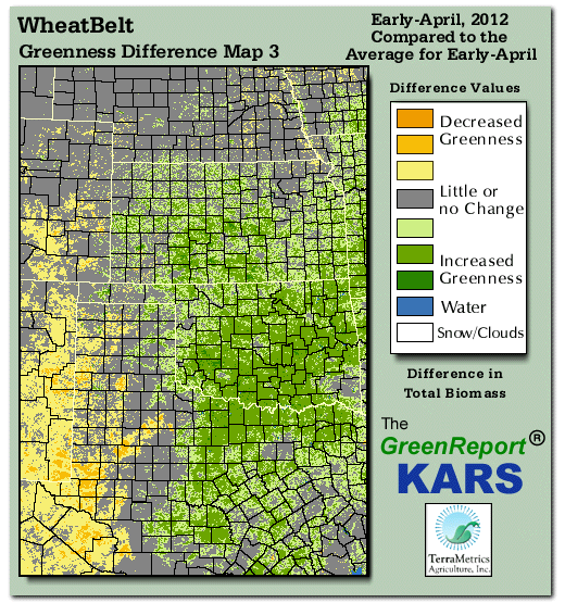 Color-coded Wheat Belt vegetation greeness index map for Period 14 of 2012, illustrating spatial variations in plant vigor, with greener tones indicating higher biomass and browner tones indicating stressed vegetation,
              comparing current crop/vegetation change in biomass to the 20-year greenness average.