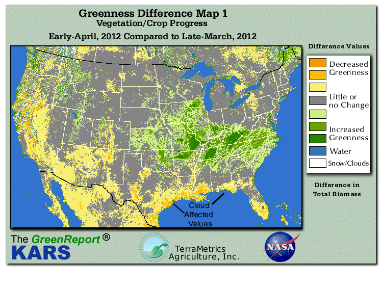 Color-coded U.S. vegetation greeness index map for Period 15 of 2012, illustrating spatial variations in plant vigor, with greener tones indicating higher biomass and browner tones indicating stressed vegetation,
              comparing current crop/vegetation change in biomass to the previous week within the same year.