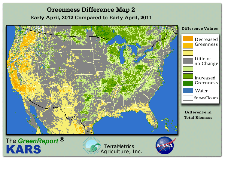 Color-coded U.S. vegetation greeness index map for Period 15 of 2012, illustrating spatial variations in plant vigor, with greener tones indicating higher biomass and browner tones indicating stressed vegetation,
              comparing current crop/vegetation change in biomass to same period from the previous year.