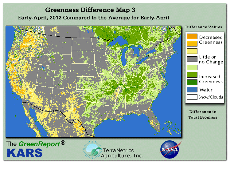 Color-coded U.S. vegetation greeness index map for Period 15 of 2012, illustrating spatial variations in plant vigor, with greener tones indicating higher biomass and browner tones indicating stressed vegetation,
              comparing current crop/vegetation change in biomass to the 20-year greenness average.