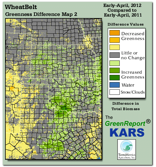 Color-coded Wheat Belt vegetation greeness index map for Period 15 of 2012, illustrating spatial variations in plant vigor, with greener tones indicating higher biomass and browner tones indicating stressed vegetation,
              comparing current crop/vegetation change in biomass to same period from the previous year.