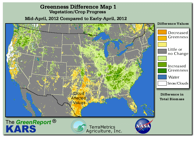 Color-coded U.S. vegetation greeness index map for Period 16 of 2012, illustrating spatial variations in plant vigor, with greener tones indicating higher biomass and browner tones indicating stressed vegetation,
              comparing current crop/vegetation change in biomass to the previous week within the same year.