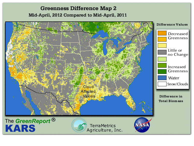 Color-coded U.S. vegetation greeness index map for Period 16 of 2012, illustrating spatial variations in plant vigor, with greener tones indicating higher biomass and browner tones indicating stressed vegetation,
              comparing current crop/vegetation change in biomass to same period from the previous year.