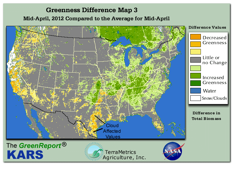 Color-coded U.S. vegetation greeness index map for Period 16 of 2012, illustrating spatial variations in plant vigor, with greener tones indicating higher biomass and browner tones indicating stressed vegetation,
              comparing current crop/vegetation change in biomass to the 20-year greenness average.