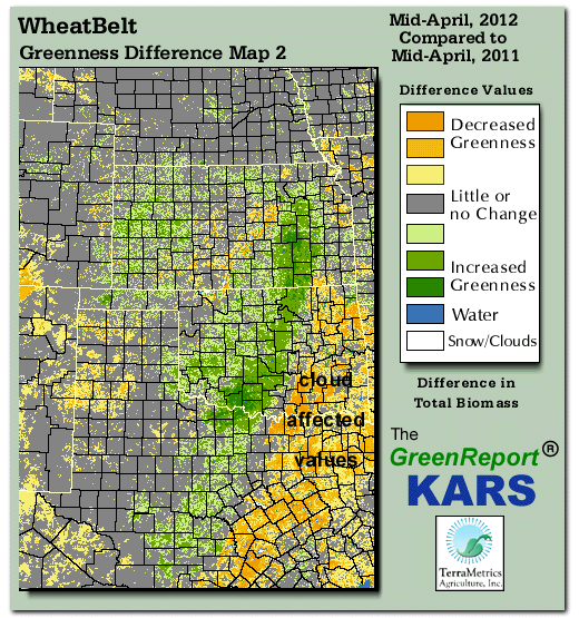 Color-coded Wheat Belt vegetation greeness index map for Period 16 of 2012, illustrating spatial variations in plant vigor, with greener tones indicating higher biomass and browner tones indicating stressed vegetation,
              comparing current crop/vegetation change in biomass to same period from the previous year.