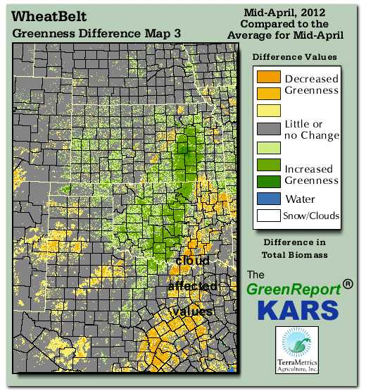 Color-coded Wheat Belt vegetation greeness index map for Period 16 of 2012, illustrating spatial variations in plant vigor, with greener tones indicating higher biomass and browner tones indicating stressed vegetation,
              comparing current crop/vegetation change in biomass to the 20-year greenness average.