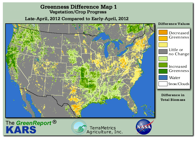 Color-coded U.S. vegetation greeness index map for Period 17 of 2012, illustrating spatial variations in plant vigor, with greener tones indicating higher biomass and browner tones indicating stressed vegetation,
              comparing current crop/vegetation change in biomass to the previous week within the same year.