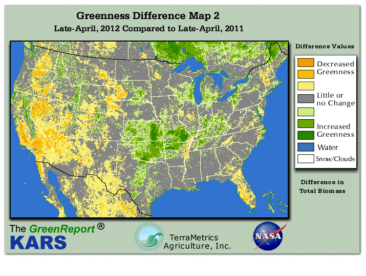 Color-coded U.S. vegetation greeness index map for Period 17 of 2012, illustrating spatial variations in plant vigor, with greener tones indicating higher biomass and browner tones indicating stressed vegetation,
              comparing current crop/vegetation change in biomass to same period from the previous year.