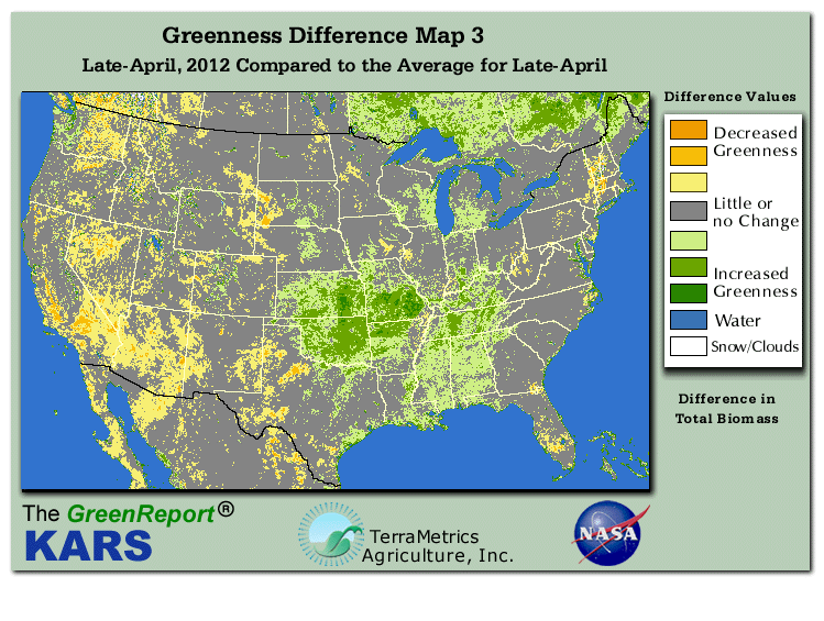 Color-coded U.S. vegetation greeness index map for Period 17 of 2012, illustrating spatial variations in plant vigor, with greener tones indicating higher biomass and browner tones indicating stressed vegetation,
              comparing current crop/vegetation change in biomass to the 20-year greenness average.