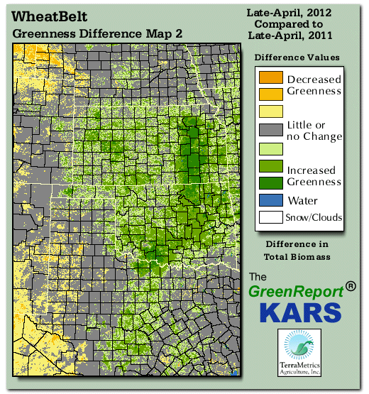Color-coded Wheat Belt vegetation greeness index map for Period 17 of 2012, illustrating spatial variations in plant vigor, with greener tones indicating higher biomass and browner tones indicating stressed vegetation,
              comparing current crop/vegetation change in biomass to same period from the previous year.