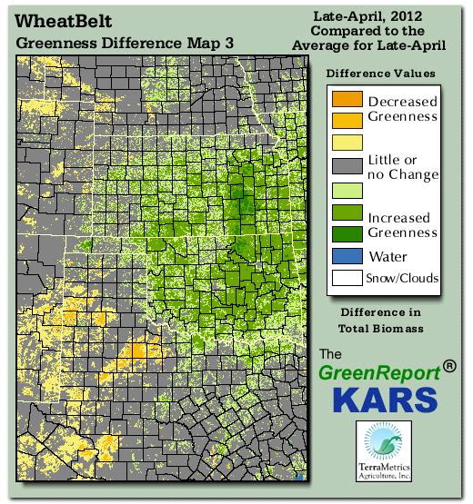 Color-coded Wheat Belt vegetation greeness index map for Period 17 of 2012, illustrating spatial variations in plant vigor, with greener tones indicating higher biomass and browner tones indicating stressed vegetation,
              comparing current crop/vegetation change in biomass to the 20-year greenness average.