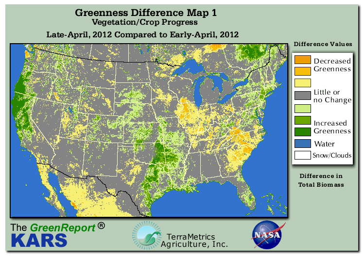 Color-coded U.S. vegetation greeness index map for Period 18 of 2012, illustrating spatial variations in plant vigor, with greener tones indicating higher biomass and browner tones indicating stressed vegetation,
              comparing current crop/vegetation change in biomass to the previous week within the same year.