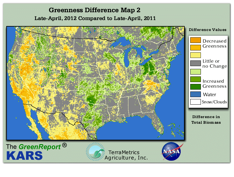 Color-coded U.S. vegetation greeness index map for Period 18 of 2012, illustrating spatial variations in plant vigor, with greener tones indicating higher biomass and browner tones indicating stressed vegetation,
              comparing current crop/vegetation change in biomass to same period from the previous year.