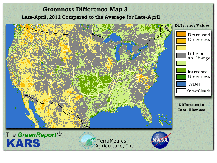 Color-coded U.S. vegetation greeness index map for Period 18 of 2012, illustrating spatial variations in plant vigor, with greener tones indicating higher biomass and browner tones indicating stressed vegetation,
              comparing current crop/vegetation change in biomass to the 20-year greenness average.