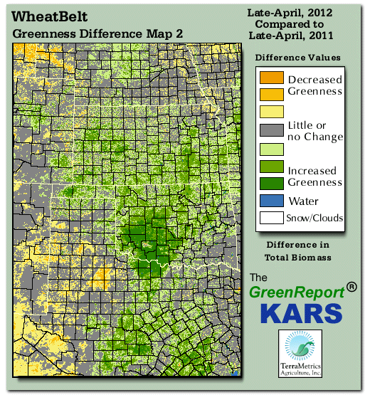 Color-coded Wheat Belt vegetation greeness index map for Period 18 of 2012, illustrating spatial variations in plant vigor, with greener tones indicating higher biomass and browner tones indicating stressed vegetation,
              comparing current crop/vegetation change in biomass to same period from the previous year.