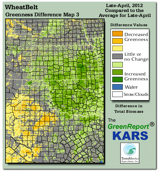 Color-coded Wheat Belt vegetation greeness index map for Period 18 of 2012, illustrating spatial variations in plant vigor, with greener tones indicating higher biomass and browner tones indicating stressed vegetation,
              comparing current crop/vegetation change in biomass to the 20-year greenness average.