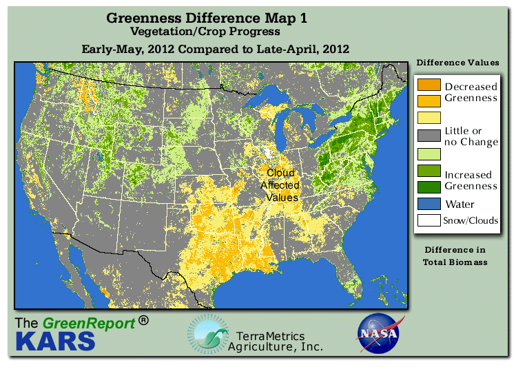 Color-coded U.S. vegetation greeness index map for Period 19 of 2012, illustrating spatial variations in plant vigor, with greener tones indicating higher biomass and browner tones indicating stressed vegetation,
              comparing current crop/vegetation change in biomass to the previous week within the same year.