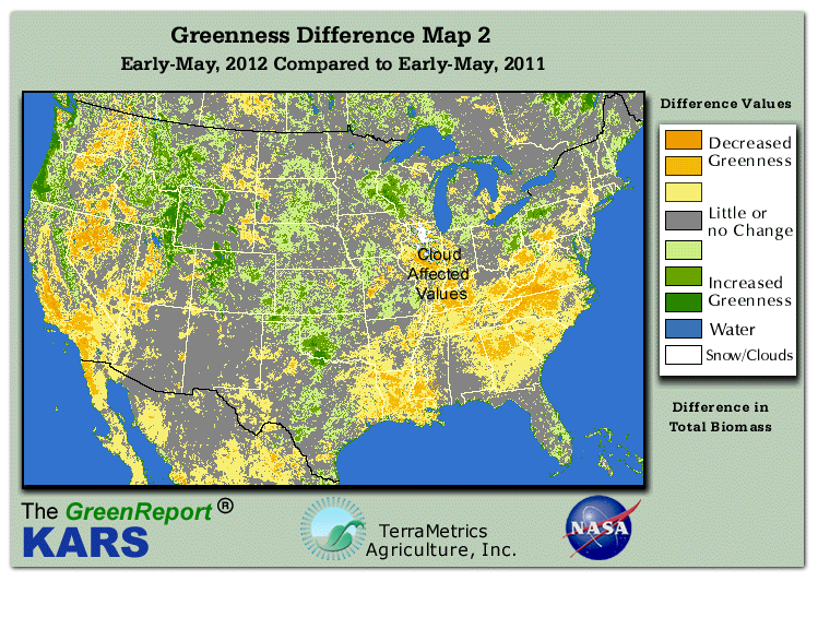 Color-coded U.S. vegetation greeness index map for Period 19 of 2012, illustrating spatial variations in plant vigor, with greener tones indicating higher biomass and browner tones indicating stressed vegetation,
              comparing current crop/vegetation change in biomass to same period from the previous year.