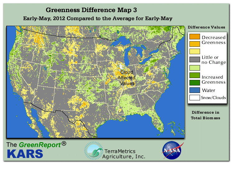 Color-coded U.S. vegetation greeness index map for Period 19 of 2012, illustrating spatial variations in plant vigor, with greener tones indicating higher biomass and browner tones indicating stressed vegetation,
              comparing current crop/vegetation change in biomass to the 20-year greenness average.