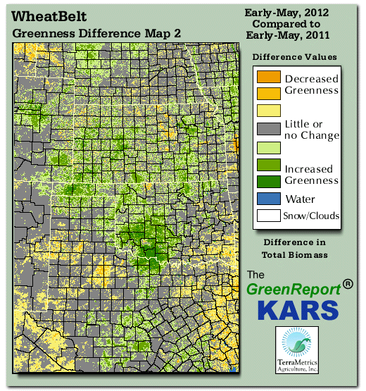 Color-coded Wheat Belt vegetation greeness index map for Period 19 of 2012, illustrating spatial variations in plant vigor, with greener tones indicating higher biomass and browner tones indicating stressed vegetation,
              comparing current crop/vegetation change in biomass to same period from the previous year.