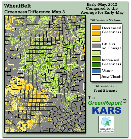 Color-coded Wheat Belt vegetation greeness index map for Period 19 of 2012, illustrating spatial variations in plant vigor, with greener tones indicating higher biomass and browner tones indicating stressed vegetation,
              comparing current crop/vegetation change in biomass to the 20-year greenness average.