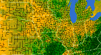 Preview-sized Corn Belt vegetation greeness index map for Period 20 of 2012, illustrating spatial variations in plant vigor, with greener tones indicating higher biomass and browner tones indicating stressed vegetation.