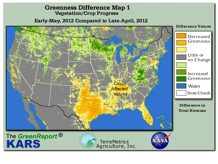 Color-coded U.S. vegetation greeness index map for Period 20 of 2012, illustrating spatial variations in plant vigor, with greener tones indicating higher biomass and browner tones indicating stressed vegetation,
              comparing current crop/vegetation change in biomass to the previous week within the same year.