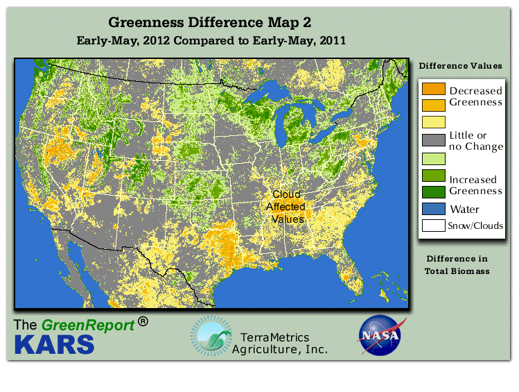 Color-coded U.S. vegetation greeness index map for Period 20 of 2012, illustrating spatial variations in plant vigor, with greener tones indicating higher biomass and browner tones indicating stressed vegetation,
              comparing current crop/vegetation change in biomass to same period from the previous year.