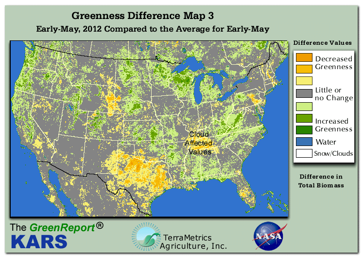 Color-coded U.S. vegetation greeness index map for Period 20 of 2012, illustrating spatial variations in plant vigor, with greener tones indicating higher biomass and browner tones indicating stressed vegetation,
              comparing current crop/vegetation change in biomass to the 20-year greenness average.