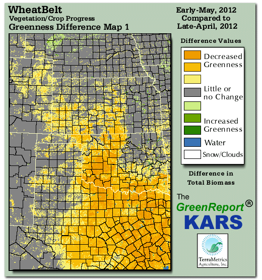 Color-coded Wheat Belt vegetation greeness index map for Period 20 of 2012, illustrating spatial variations in plant vigor, with greener tones indicating higher biomass and browner tones indicating stressed vegetation,
              comparing current crop/vegetation change in biomass to the previous week within the same year.