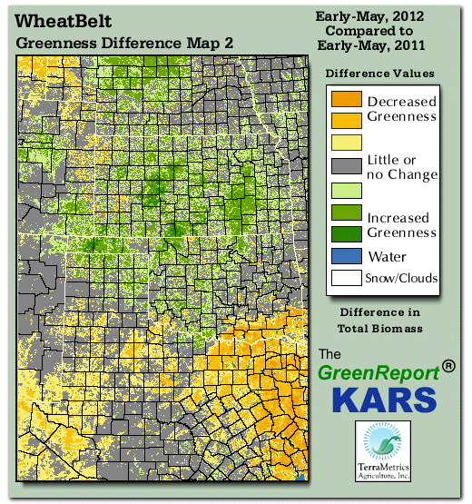 Color-coded Wheat Belt vegetation greeness index map for Period 20 of 2012, illustrating spatial variations in plant vigor, with greener tones indicating higher biomass and browner tones indicating stressed vegetation,
              comparing current crop/vegetation change in biomass to same period from the previous year.
