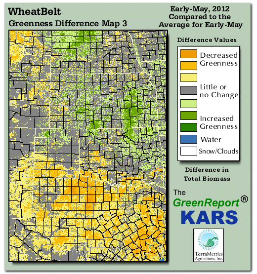 Color-coded Wheat Belt vegetation greeness index map for Period 20 of 2012, illustrating spatial variations in plant vigor, with greener tones indicating higher biomass and browner tones indicating stressed vegetation,
              comparing current crop/vegetation change in biomass to the 20-year greenness average.