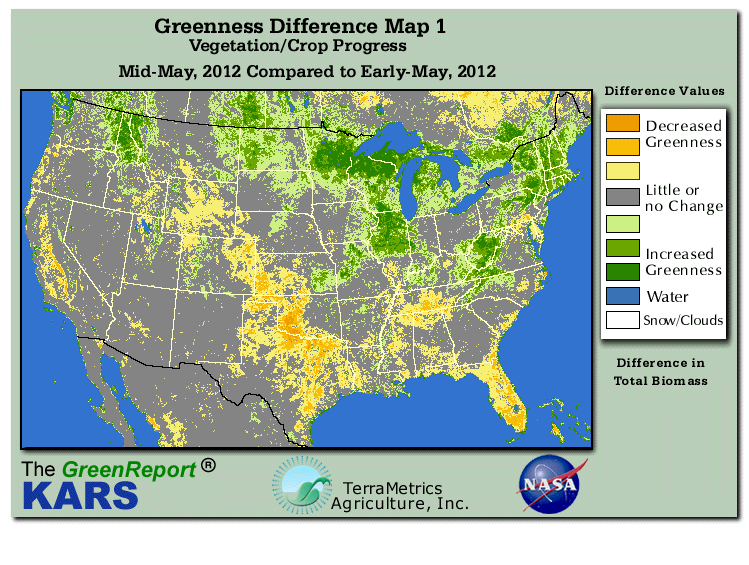 Color-coded U.S. vegetation greeness index map for Period 21 of 2012, illustrating spatial variations in plant vigor, with greener tones indicating higher biomass and browner tones indicating stressed vegetation,
              comparing current crop/vegetation change in biomass to the previous week within the same year.