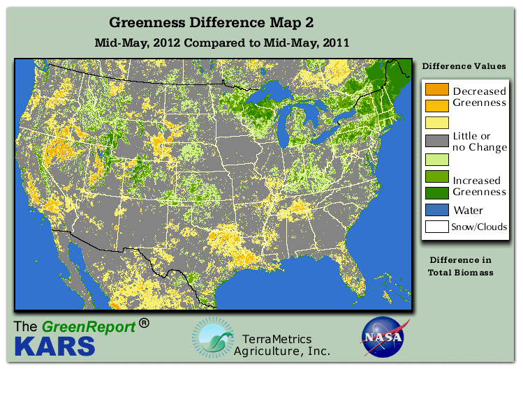 Color-coded U.S. vegetation greeness index map for Period 21 of 2012, illustrating spatial variations in plant vigor, with greener tones indicating higher biomass and browner tones indicating stressed vegetation,
              comparing current crop/vegetation change in biomass to same period from the previous year.