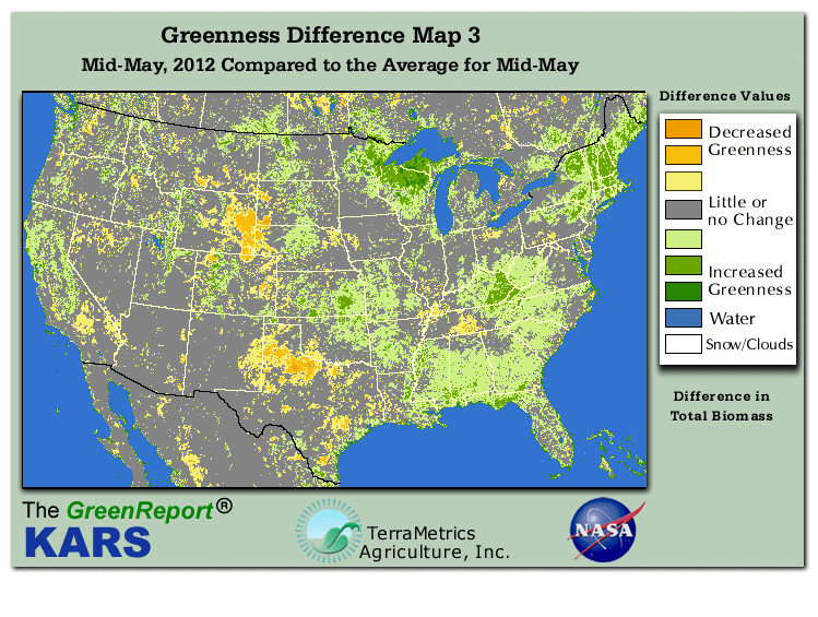 Color-coded U.S. vegetation greeness index map for Period 21 of 2012, illustrating spatial variations in plant vigor, with greener tones indicating higher biomass and browner tones indicating stressed vegetation,
              comparing current crop/vegetation change in biomass to the 20-year greenness average.