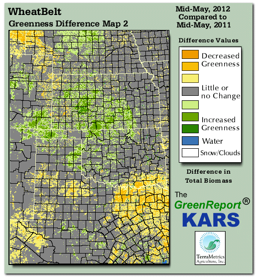 Color-coded Wheat Belt vegetation greeness index map for Period 21 of 2012, illustrating spatial variations in plant vigor, with greener tones indicating higher biomass and browner tones indicating stressed vegetation,
              comparing current crop/vegetation change in biomass to same period from the previous year.