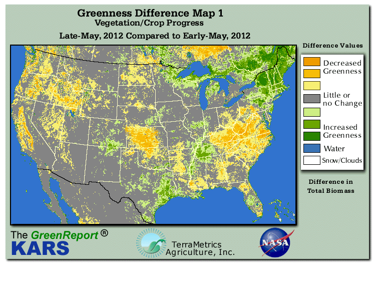 Color-coded U.S. vegetation greeness index map for Period 22 of 2012, illustrating spatial variations in plant vigor, with greener tones indicating higher biomass and browner tones indicating stressed vegetation,
              comparing current crop/vegetation change in biomass to the previous week within the same year.
