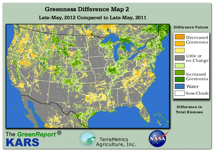 Color-coded U.S. vegetation greeness index map for Period 22 of 2012, illustrating spatial variations in plant vigor, with greener tones indicating higher biomass and browner tones indicating stressed vegetation,
              comparing current crop/vegetation change in biomass to same period from the previous year.